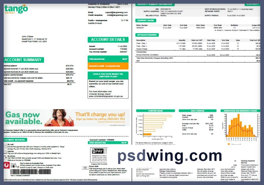 Australia Tango Energy Utility Bill (2 Pages)